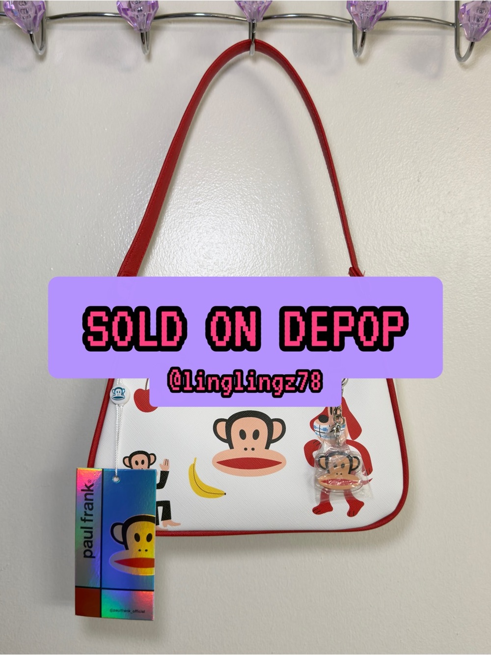 SOLD - Paul Frank White and Red Julius Shoulder Bag with Charm